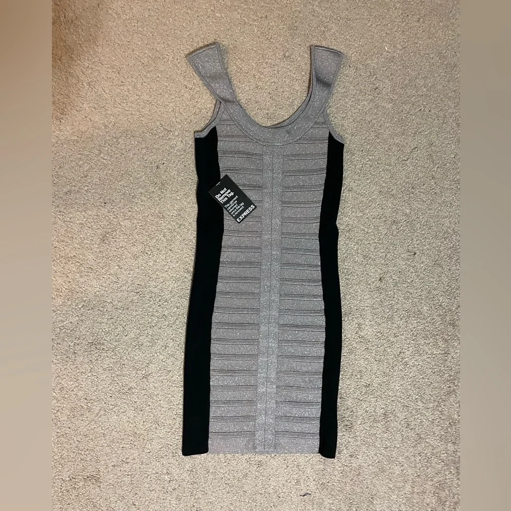 Express Shimmery Grey and black Body-con mini dress size x small‎ NWT